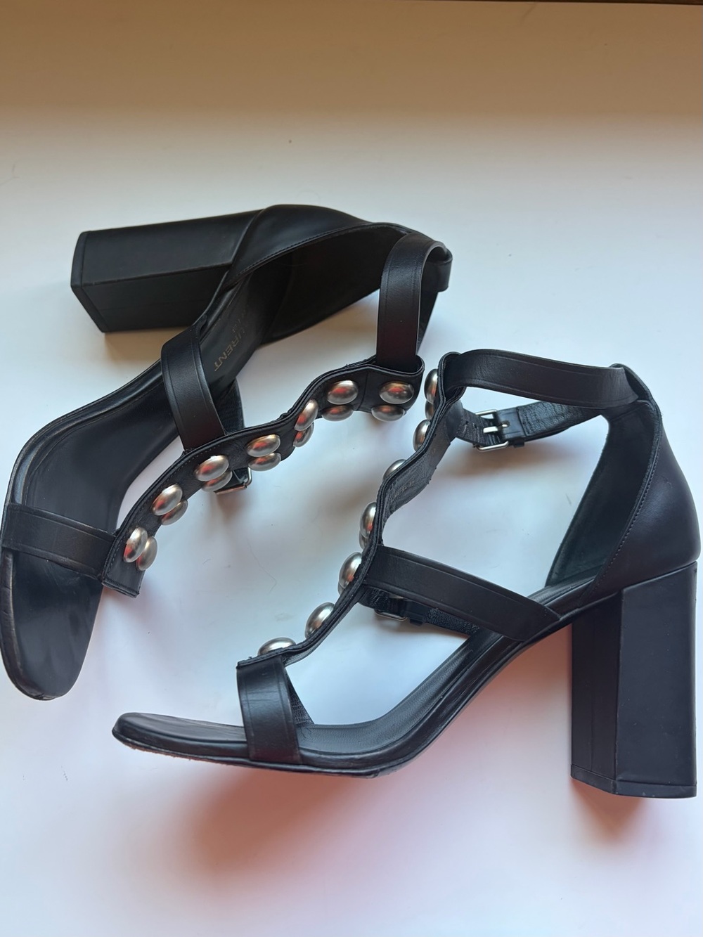 Saint Laurent Black Leather Studded Gladiator T-Strap Heels size 37.5 - Picture 3 of 8